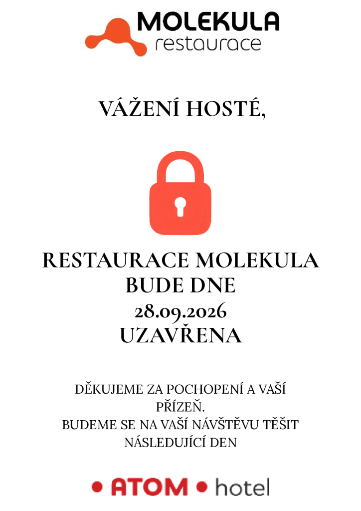 RESTAURACE MOLEKULA pondělí 28.09.2026 ZAVŘENO